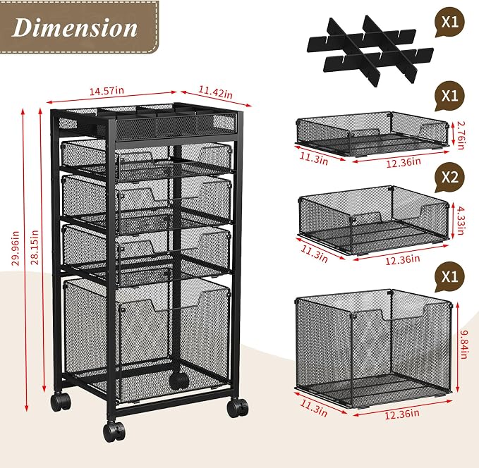 Rolling File Cart with 4 Storage Drawers, Under Desk Organizer with DIY Divider - Image 7