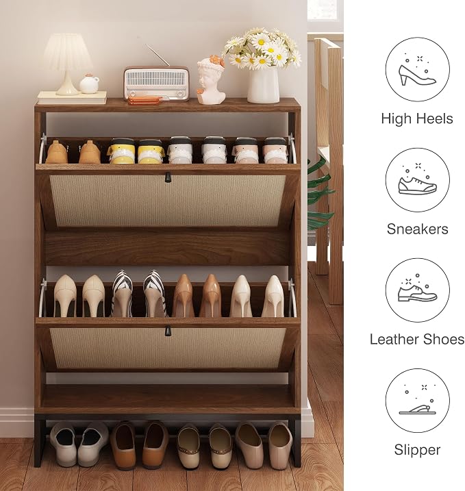 Rattan Shoe Cabinet with 2 Flip Drawers, Simple Setup Hidden Shoe Rack - Image 5