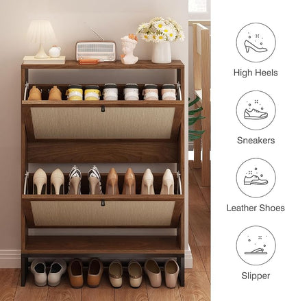 Rattan Shoe Cabinet with 2 Flip Drawers, Simple Setup Hidden Shoe Rack - Image 5