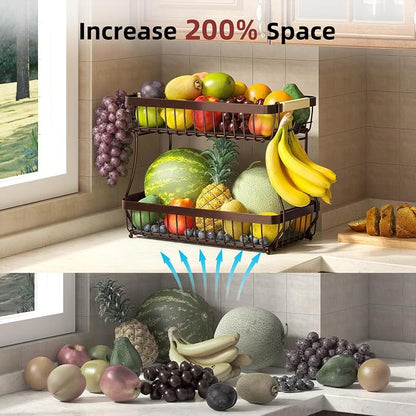 2-Tier Fruit Basket with Banana Hangers, Detachable Metal Bowl - Image 9