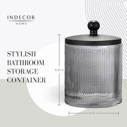Gray Colored Tranlucent Apothecary Ribbed Geo Etched Glass Jar W/Matte Black - Image 3