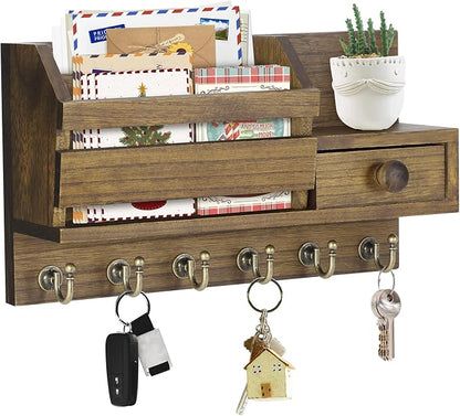 VIS'V Key Holder Wall Mount, Wooden Mail and Key Organizer, Small Shelf by VISV