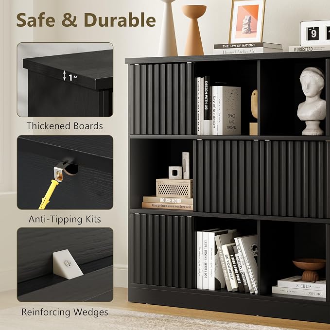 iPormis 12 Cube Bookcase with 6 Fluted Sliding Doors, 3 Tier Wooden Bookshelf - Image 8