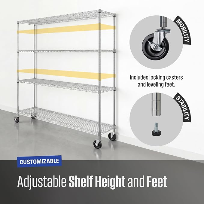 SafeRacks NSF 4-Tier Heavy Duty Steel Wire Rack w/Wheels - Image 6