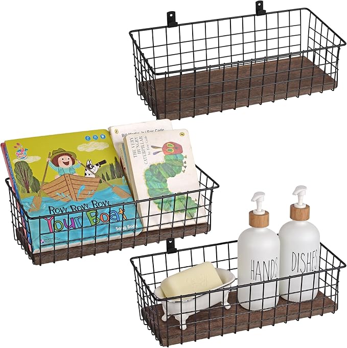 Wall Hanging Baskets, 3 Wooden Wire Bins by LIGHTDUST