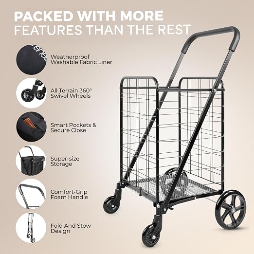 SereneLife Large Folding Utility Shopping Cart - Image 2