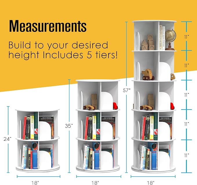 Rotating Bookshelf, Revolving Bookcase, Rotating Bookcase, 5 Tier White | - Image 3