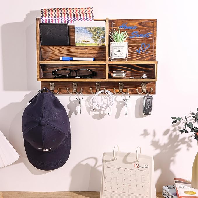 Key Holder Wall Mount, Mail Organizer Wall Mounted, Solid Wood Key Holder - Image 4