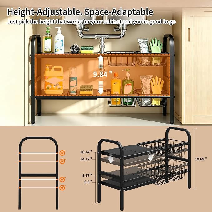 2 Tier Under Sink Organizer Expandable Length/Height Adjustable, Heavy Duty - Image 3