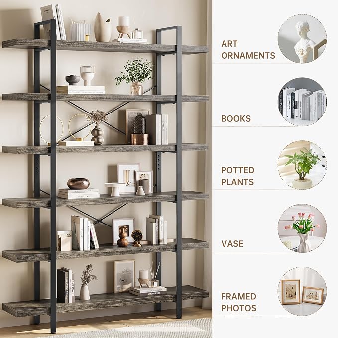 Heavy Duty 6-Tier Industrial Bookcase, 120lbs Shelf Capacity, Rustic Open - Image 3