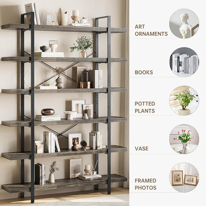 Heavy Duty 6-Tier Industrial Bookcase, 120lbs Shelf Capacity, Rustic Open - Image 3