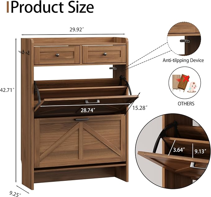 Shoe Cabinet with 2 Flip Drawers & 2 Top Drawers, Hidden Slim Shoe Rack - Image 2