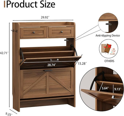 Shoe Cabinet with 2 Flip Drawers & 2 Top Drawers, Hidden Slim Shoe Rack - Image 2