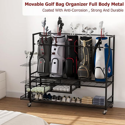 Golf Bag Storage Rack on Wheels, Mobile 5-Bag Organizer - Image 3