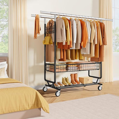 Heavy Duty Clothes Rack with Metal Basket, 720 LBS Rolling Double Rod Garment - Image 7