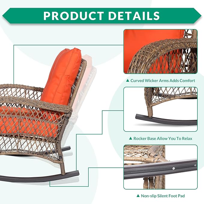 VIVIJASON Outdoor Wicker Rocking Chair, Patio Rattan Rocker Chair - Image 3