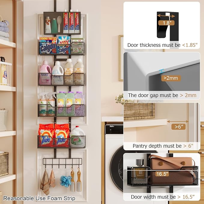 Adjustable Over the Door Pantry Organizer, 5-Tier Metal Pantry Door - Image 3