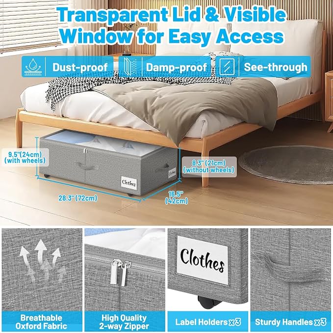 Under Bed Storage with Wheels, Quick Assembly Underbed Shoe Storage Containers - Image 3