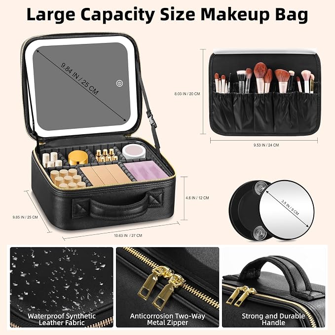 Makeup Bag with Mirror and Light 3 Colors, Travel Make up Bag with Mirror - Image 4