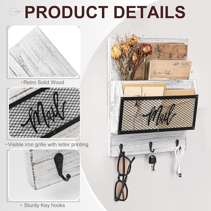 Yalikop Farmhouse Mail Organizer Wall Mounted Rustic Mail Holder Hanging Key - Image 3