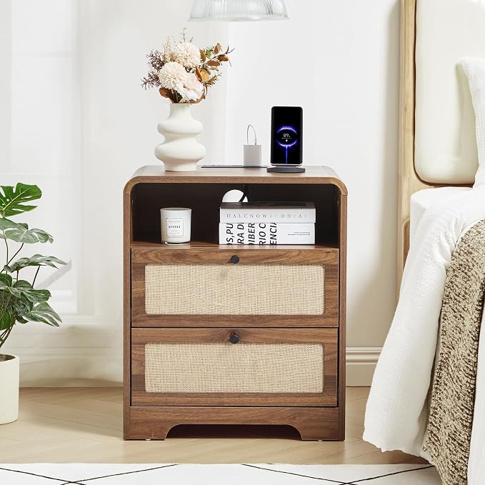 Modern Night Stand with Charging Station and 2 Drawers, Wooden Side Table - Image 4