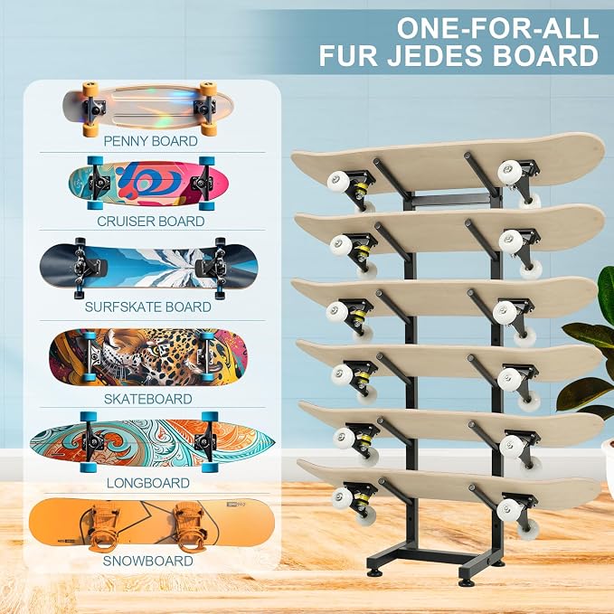 BiJun Skateboard Racks Floor Stand, 6-Layer Skateboard Wall Mount, Snowboard - Image 4