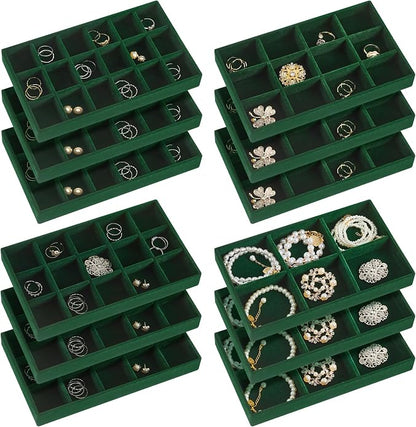Junkin 12 Pcs Jewelry Tray Velvet Stackable Jewelry Organizer Trays Divided by Junkin