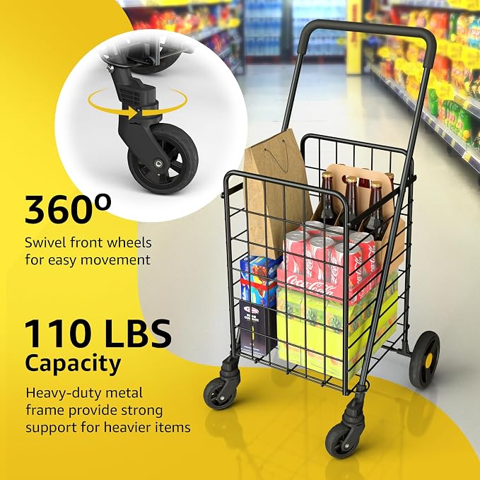 Shopping Cart w/Waterproof Basket Liner & 360° Swivel Wheels | Foldable - Image 3