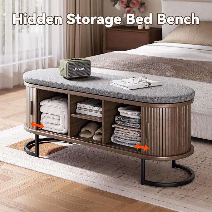 Decofy Shoe Storage Bench with Cushion and Sliding Doors, 47.2 Inch Shoe Bench - Image 5