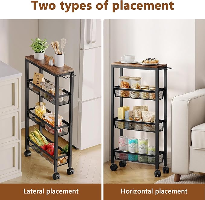 Hoctieon Slim Rolling Storage Cart, 4-Tier Narrow Kitchen Storage Cart - Image 6