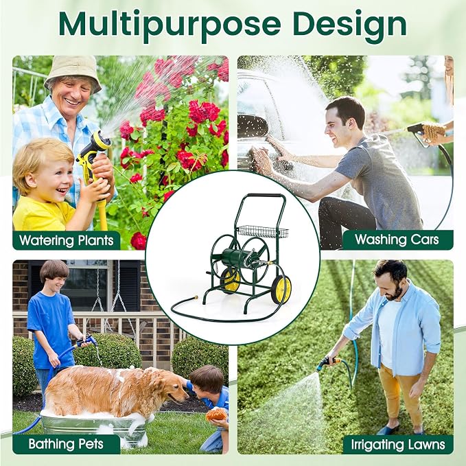 Goplus Garden Hose Reel Cart, 230ft 5/8" or 300ft 1/2" Heavy-Duty Metal Hose - Image 6