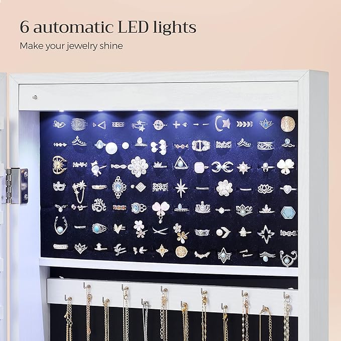 SONGMICS 6 LEDs Mirror Jewelry Cabinet, 47.2-Inch Tall Lockable Wall or Door - Image 4