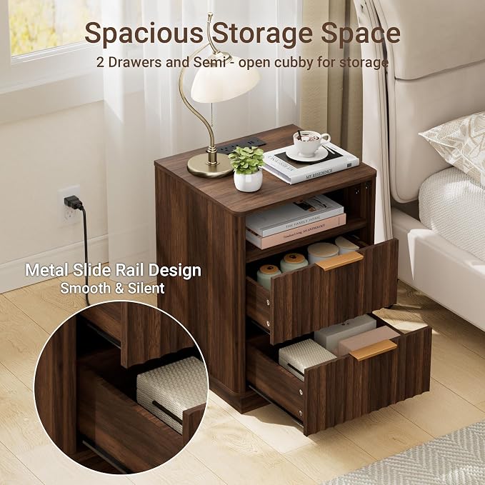 Fluted Night Stand with Charging Station, 2 Drawers End Table with Storage - Image 6
