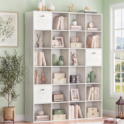 Large 24 Cube Storage Bookshelf, Washed White Wood Bookcase by Odeekea