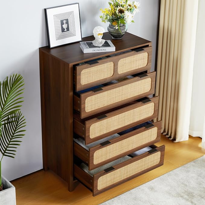 LEVNARY 5 Drawer Chest Dresser, Rattan Tall Dresser 5 Chest of Drawers Dressers - Image 3