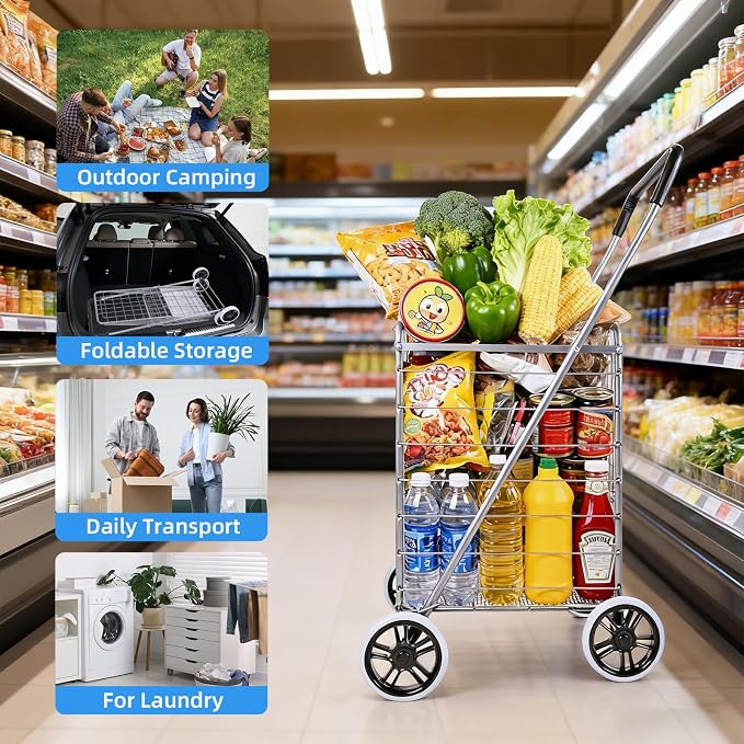 Folding Shopping Cart, Collapsible Grocery Rolling Utility Cart on Wheels - Image 7