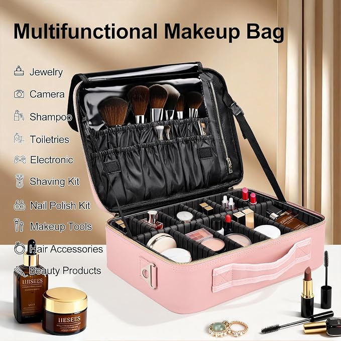 Travel Makeup Bag with Brush Holder, Professional Cosmetic Train Case Organizer - Image 4