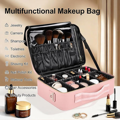 Travel Makeup Bag with Brush Holder, Professional Cosmetic Train Case Organizer - Image 4