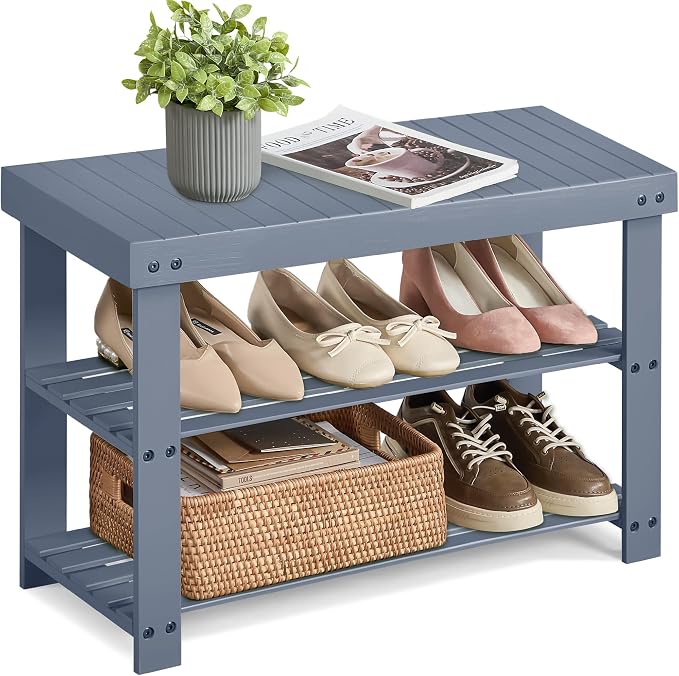 SONGMICS Shoe Rack Bench, 3-Tier Bamboo Shoe Storage Organizer, Entryway Bench by Unknown