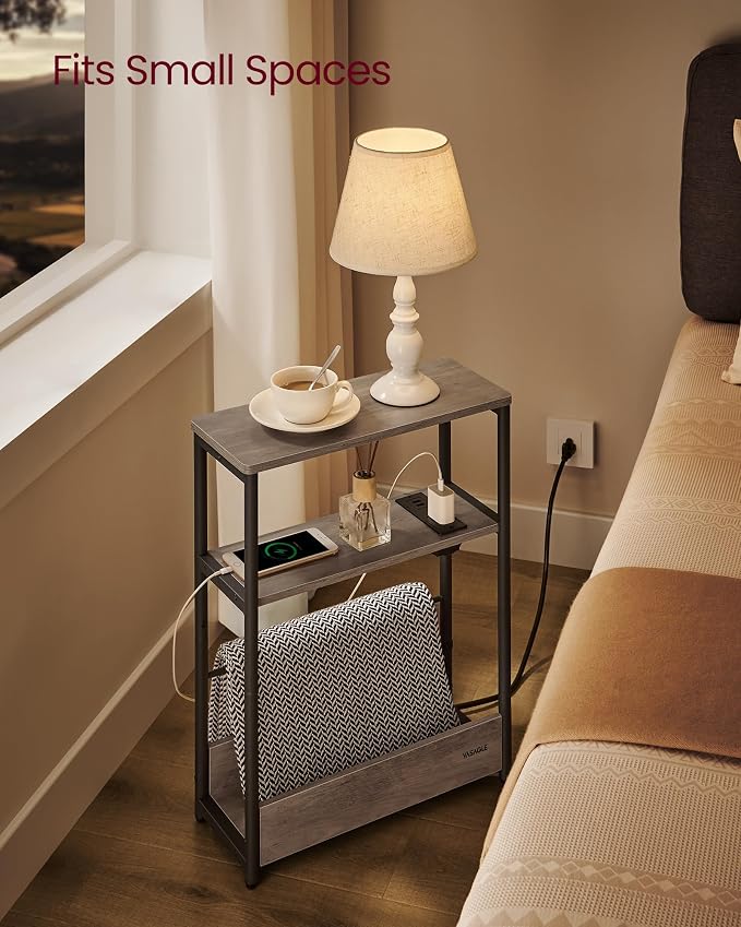 VASAGLE Side Table with Charging Station, Narrow End Table, 3-Tier Nightstand - Image 5