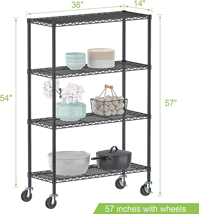 4 Tier Wire Metal Shelving Rack Garage Storage Rolling Shelves - Image 3