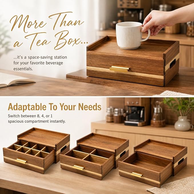 Acacia Wood Tea Bag Organizer 8 Compartment Storage Box & Organizer - Image 3