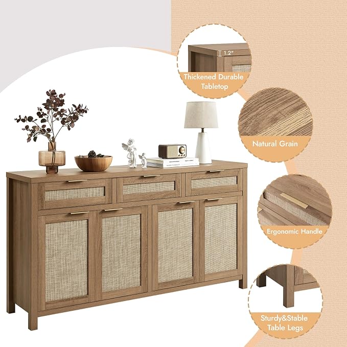HOKYHOKY 63" Rattan Sideboard Buffet Cabinet, Boho Storage Cabinet - Image 5