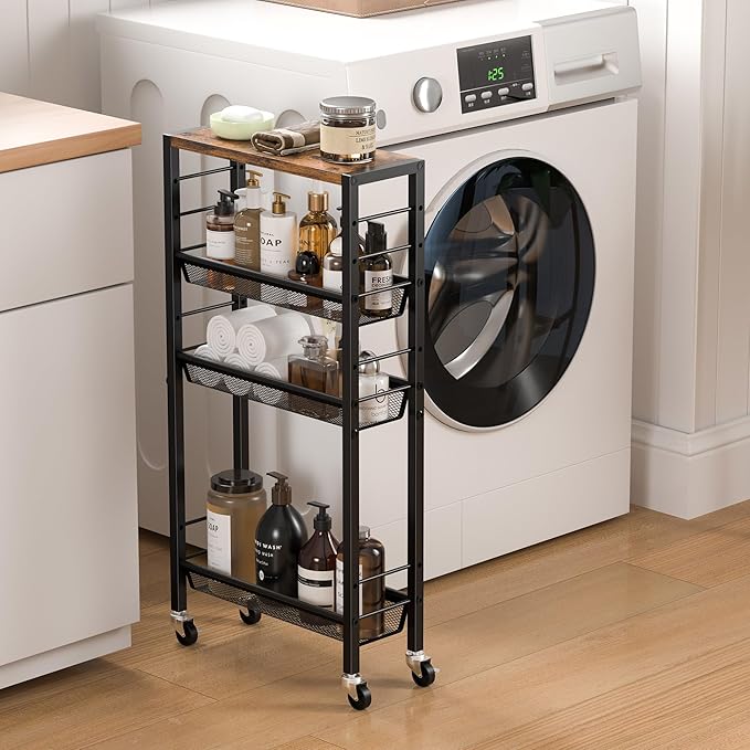 Slim Rolling Cart, 4-Tier Narrow Kitchen Storage Cart, Slim Utility Cart on - Image 4