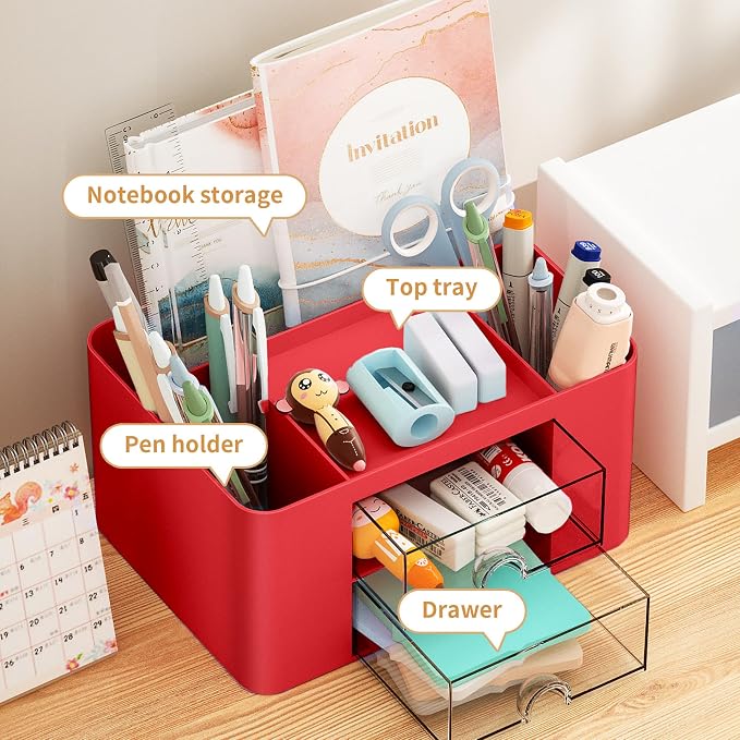 Marbrasse Pen Organizer with 2 Drawer, Desk Organizers and Accessories with 5 - Image 2