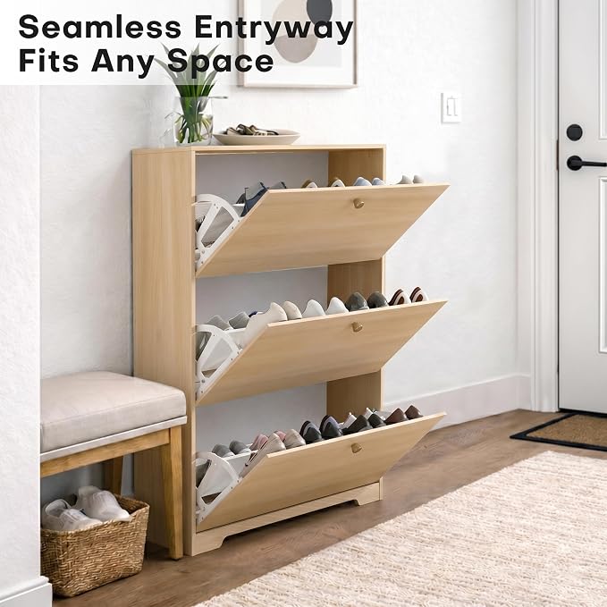 Nicetree Shoe Cabinet with 3 Flip Drawers, Entryway Storage, Natural Oak | - Image 4