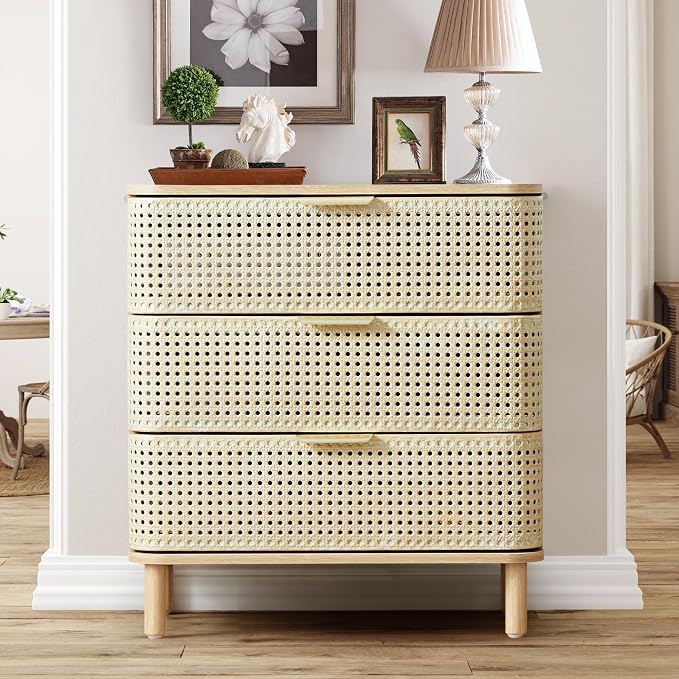 ORRD 3 Drawer Dresser, Modern Iron Rattan Cabinet Dresser - Image 3