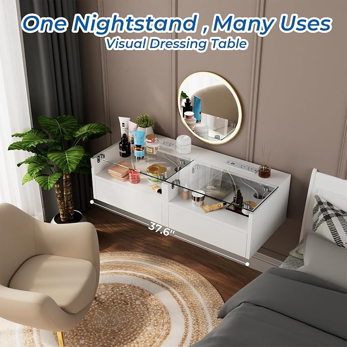Loomie White Floating Nightstands Set of 2, 18.9” Bedside Table w/Charging - Image 4
