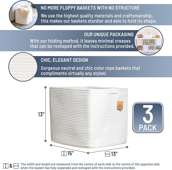 NaturalCozy 13x15x13 Kallax Storage Cubes, 3 Pack | Cotton Rope Cube Storage - Image 2
