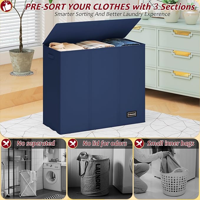 195L Laundry Hamper 3 Section, Large Laundry Hamper - Image 3